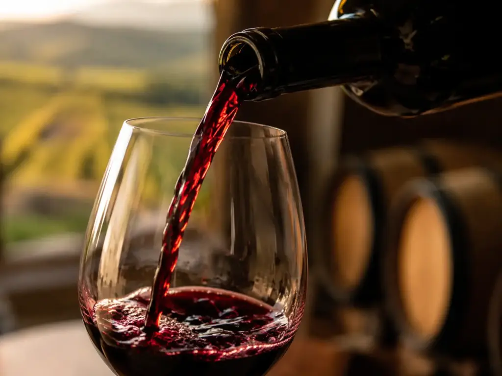 Calice di vino versato nei vigneti